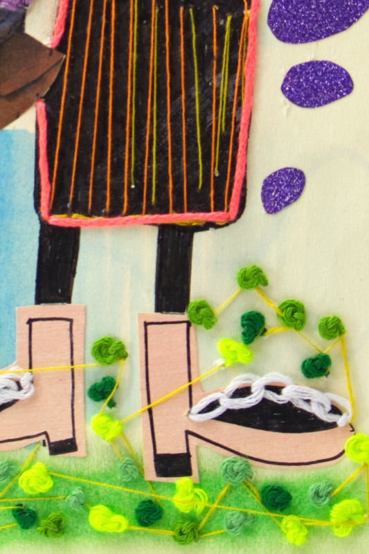 Handmade paper collage featuring intricate embroidery and textured mixed media layers. Handmade paper collage featuring intricate embroidery and textured mixed media layers.