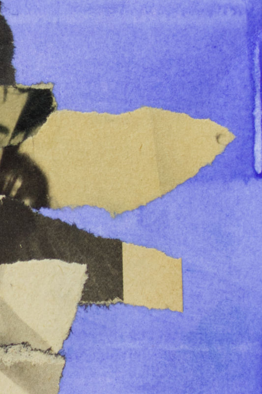 Striking contrast of black and white collage elements set against a vivid blue canvas. Striking contrast of black and white collage elements set against a vivid blue canvas.