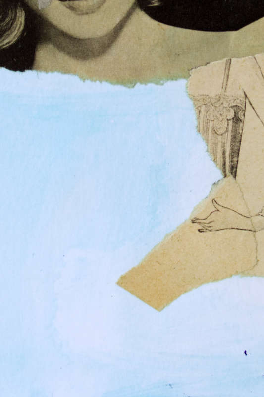 Detailed mixed media piece: Black and white paper shapes juxtaposed against a light blue canvas.