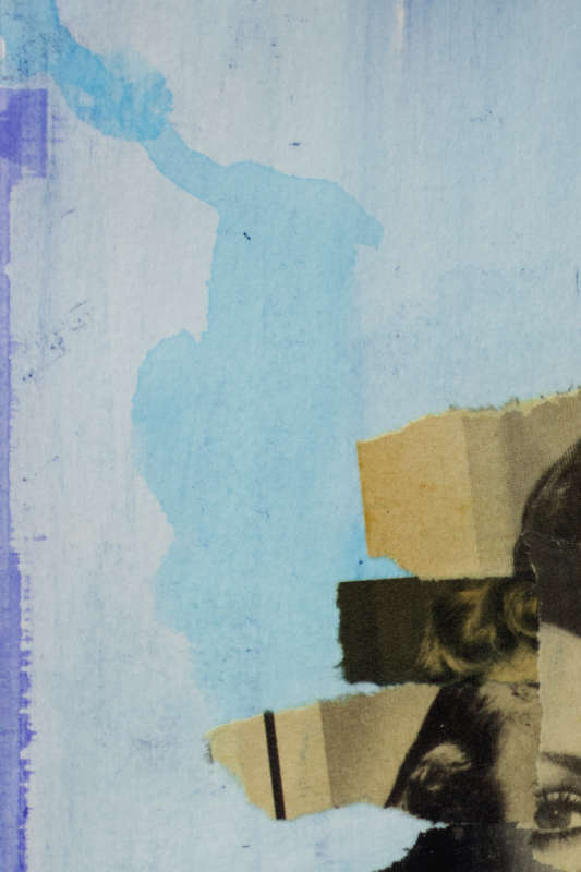 Striking black and white collage, featuring cut-out elements against a vivid blue background. Striking black and white collage, featuring cut-out elements against a vivid blue background.