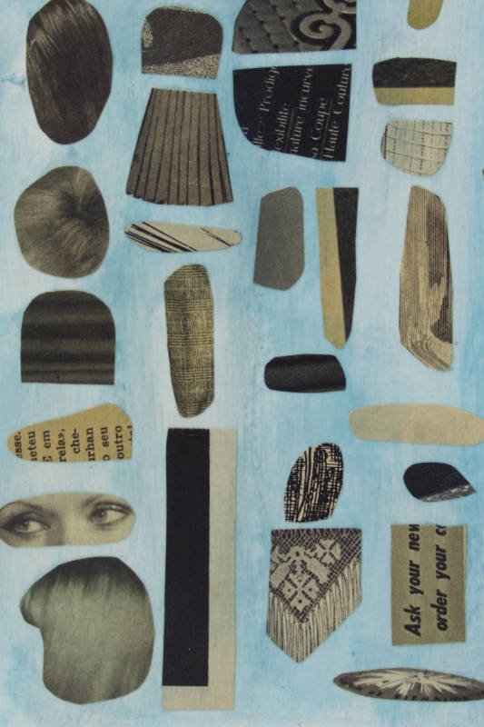 Original hand-cut collage in black and white tones set against a light blue backdrop. Original hand-cut collage in black and white tones set against a light blue backdrop.