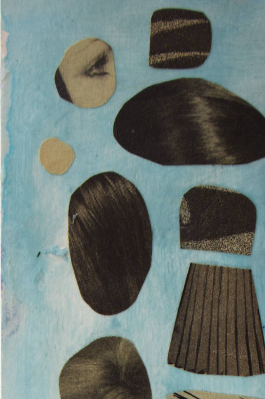 Artistic black and white collage displayed over a gentle pale blue background. Artistic black and white collage displayed over a gentle pale blue background.