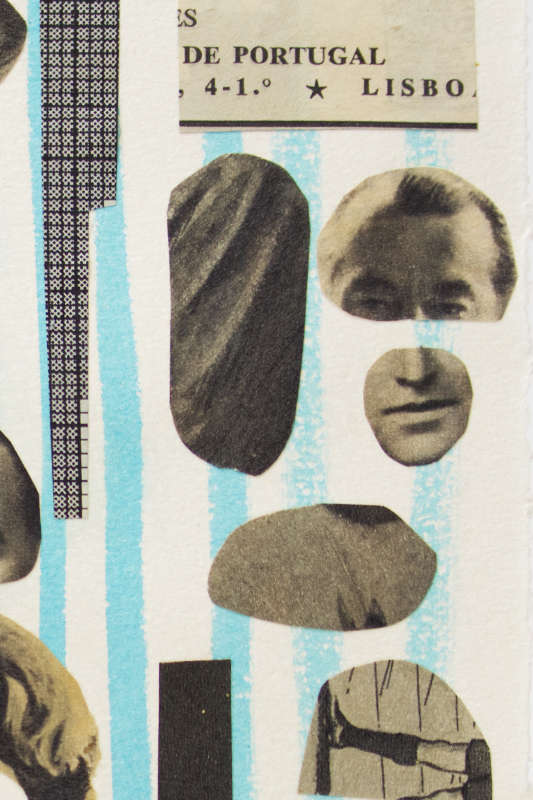 Close-up of black and white paper collage on a light blue field. Close-up of black and white paper collage on a light blue field.