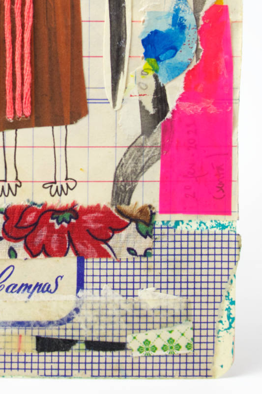 Handmade paper collage featuring intricate embroidery and textured mixed media layers. Handmade paper collage featuring intricate embroidery and textured mixed media layers.