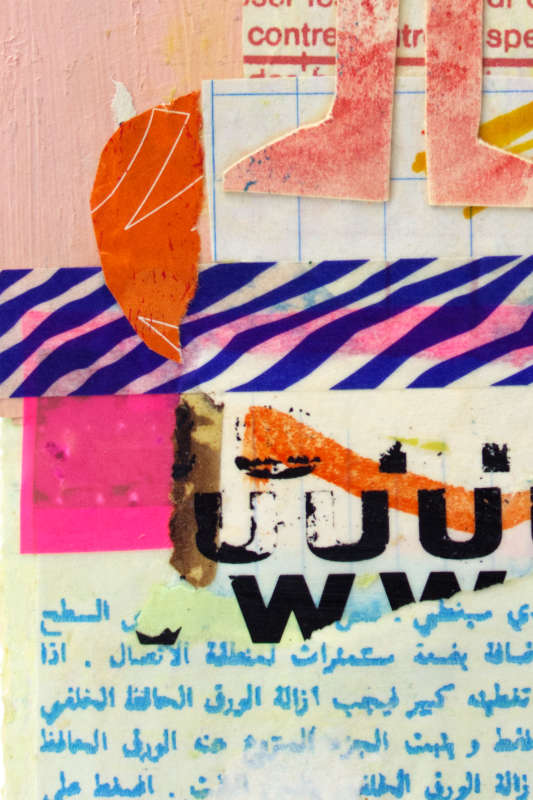 Layered artwork combining cut paper, delicate embroidery thread, and diverse mixed media.