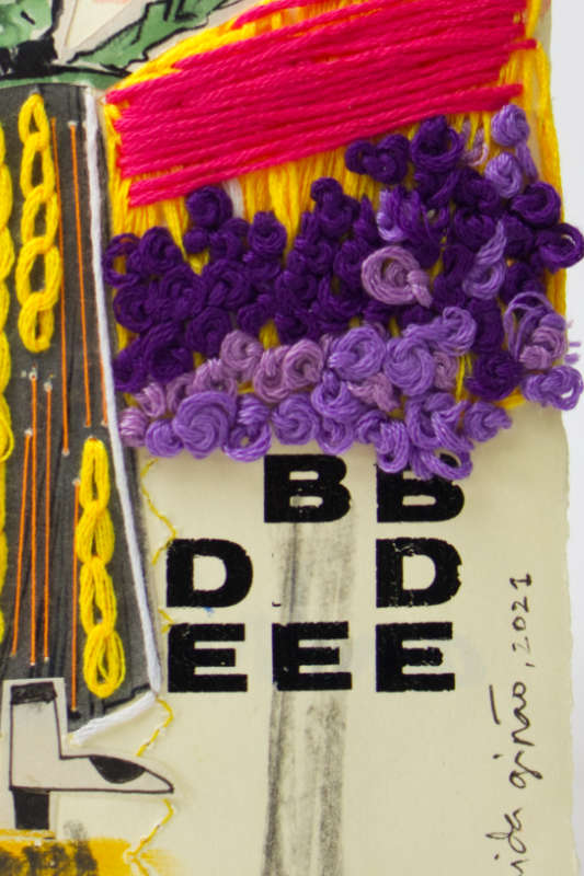 Layered artwork combining cut paper, delicate embroidery thread, and diverse mixed media. Layered artwork combining cut paper, delicate embroidery thread, and diverse mixed media.