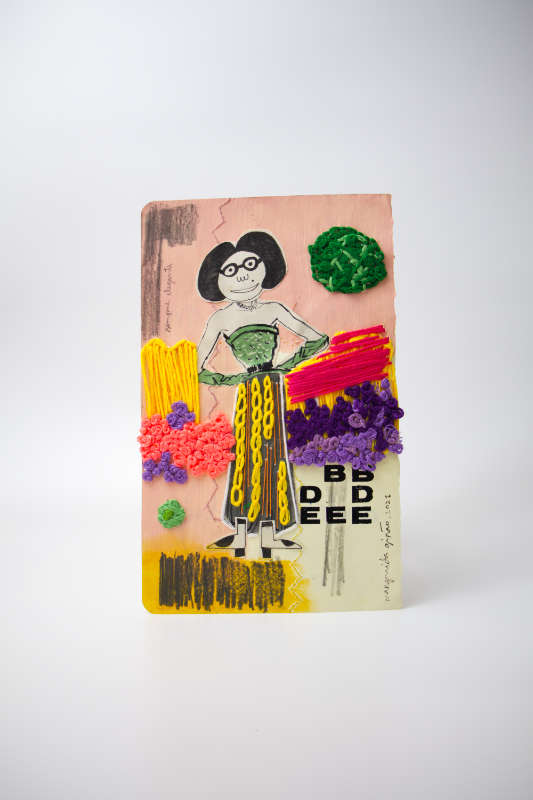 Original hand-cut collage featuring rich, bold hues and stitched accents. Original hand-cut collage featuring rich, bold hues and stitched accents.