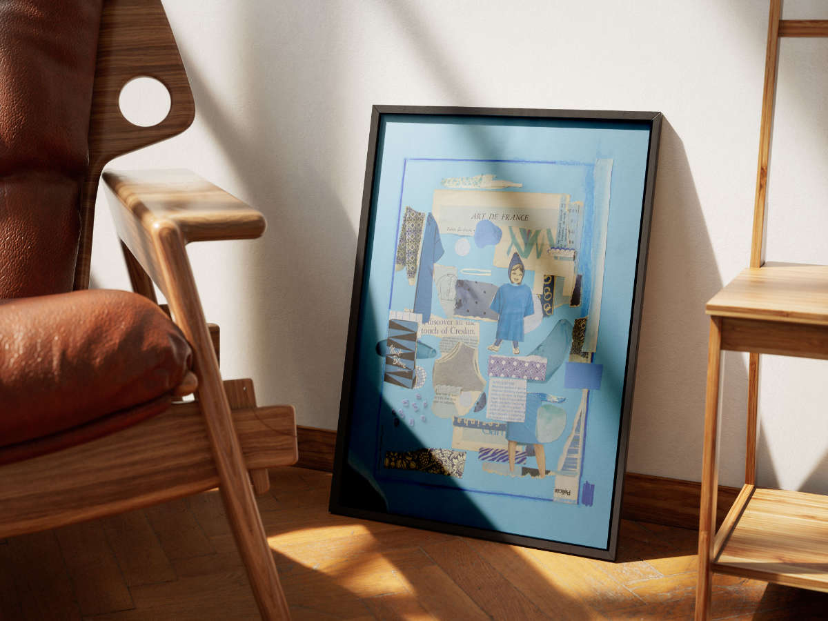 Collage artwork in blue palettes, with hand-cut pieces and various shapes. Collage artwork in blue palettes, with hand-cut pieces and various shapes.