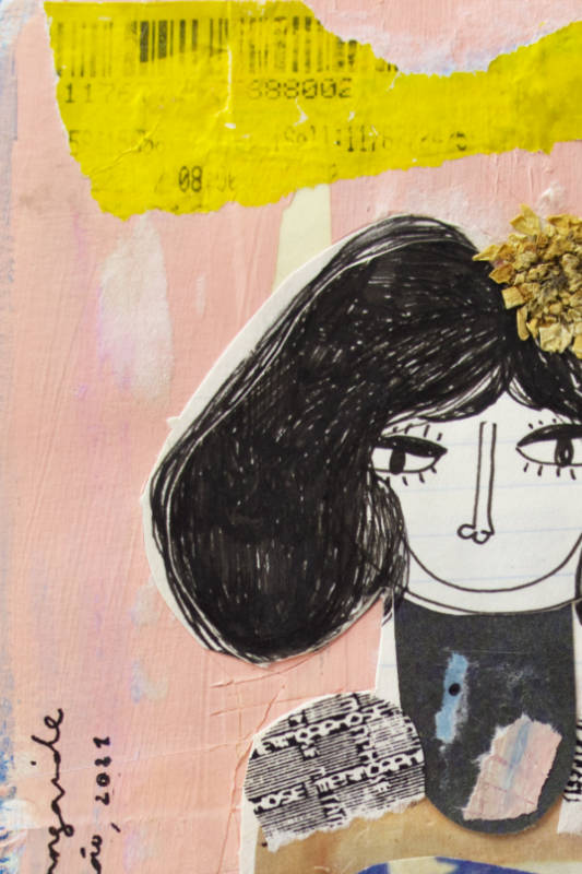 Intricate layered paper collage with embroidery thread and mixed media elements.