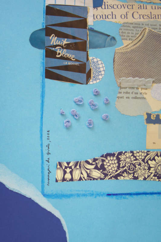 Mixed-media blue collage, combining textured paper, cut-out shapes, and layered elements for a dynamic, abstract composition. Mixed-media blue collage, combining textured paper, cut-out shapes, and layered elements for a dynamic, abstract composition.