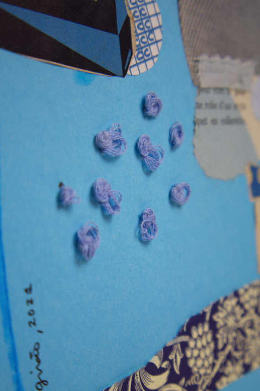 Blue-toned collage artwork with overlapping layers, organic patterns, and hints of lighter and darker greens creating depth. Blue-toned collage artwork with overlapping layers, organic patterns, and hints of lighter and darker greens creating depth.