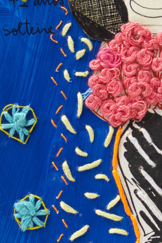 Layered artwork combining cut paper, delicate embroidery thread, and diverse mixed media. Layered artwork combining cut paper, delicate embroidery thread, and diverse mixed media.