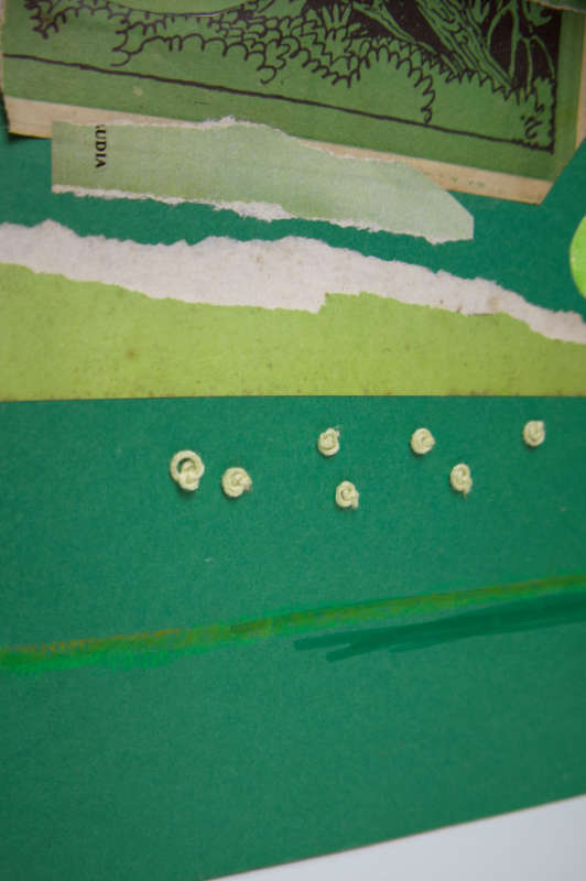 Mixed-media green collage, combining textured paper, cut-out shapes, and layered elements for a dynamic, abstract composition. Mixed-media green collage, combining textured paper, cut-out shapes, and layered elements for a dynamic, abstract composition.