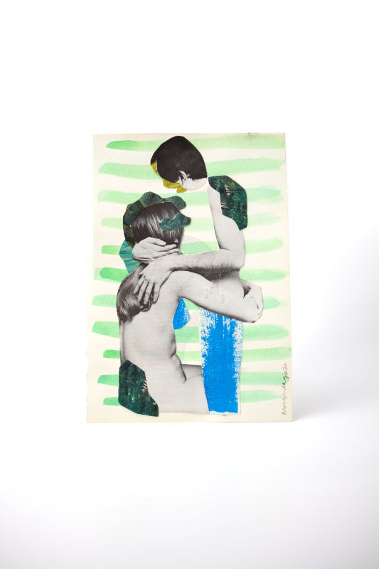 Handmade collage of two figures in black, white, and green tones, crafted with hand-cut pieces. Handmade collage of two figures in black, white, and green tones, crafted with hand-cut pieces.