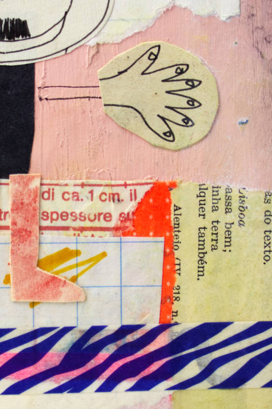 Handmade paper collage featuring intricate embroidery and textured mixed media layers.