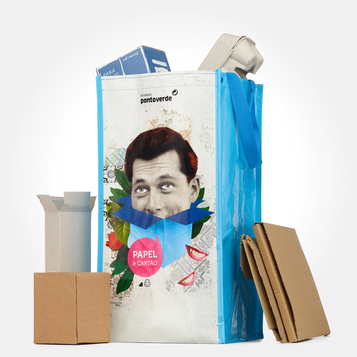 Mixed-media collage for eco-friendly paper bag, featuring vibrant visuals and playful design.