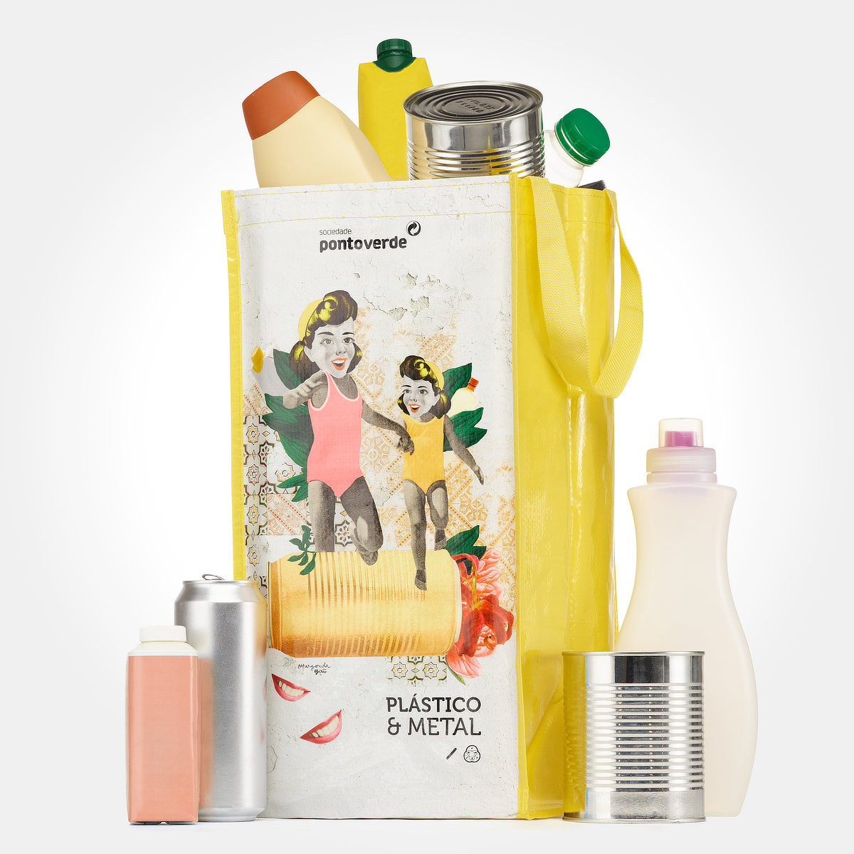 Illustration for the plastic and metal eco bag, combining playful colors and elements.