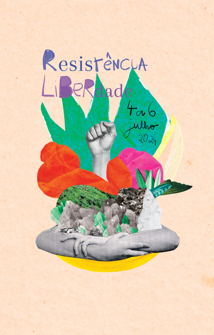 Mixed-media collage for literary festival poster, themed ‘Freedom and Resistance’, combining bold shapes and expressive colors.