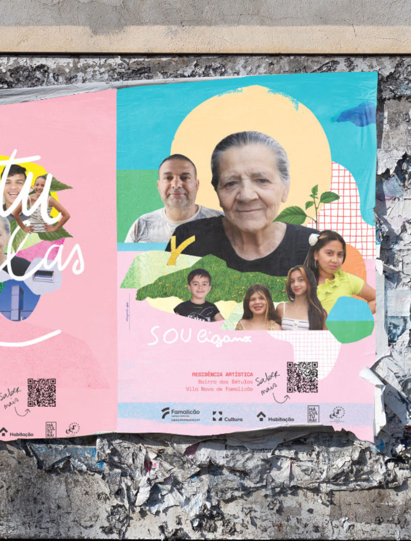 Photographic collage portrait with intergenerational faces and pink background, Bairro das Bétulas, Famalicão