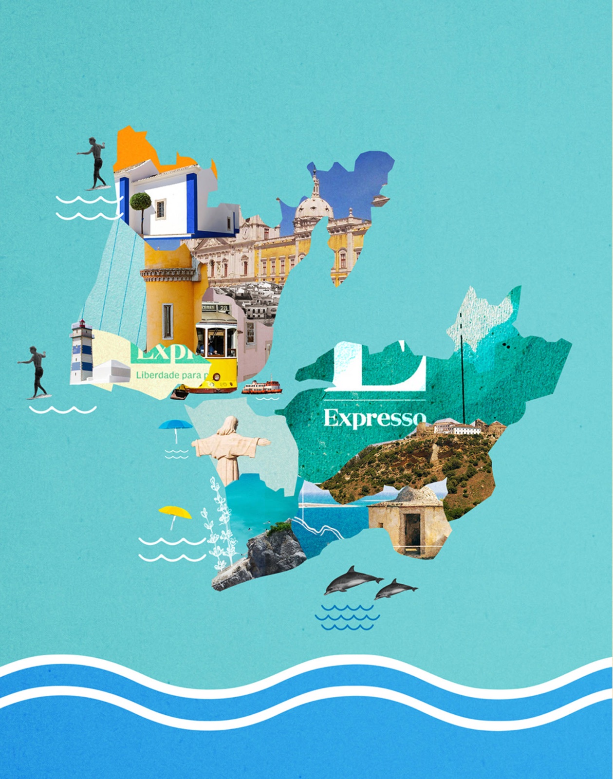 Layered collage artwork depicting Portugal’s landscapes, islands, and regions for summer guide cover.
