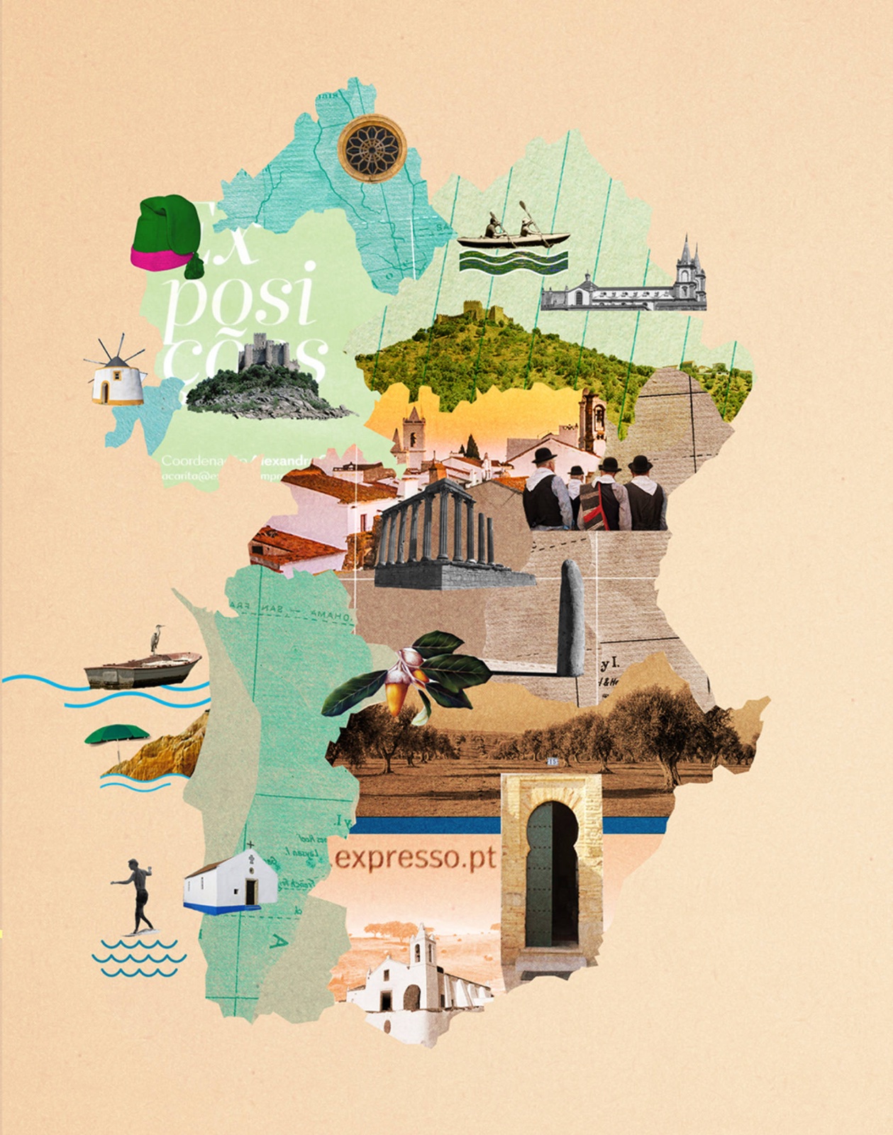 Layered collage artwork depicting Portugal’s landscapes, islands, and regions for summer guide cover.