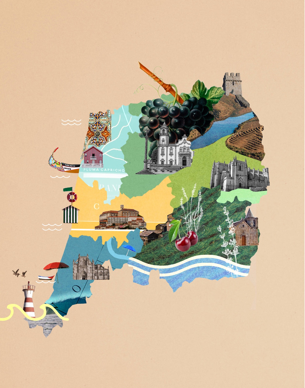 Collage artwork highlighting Portugal’s islands, landscapes, and cultural regions for seasonal guide.