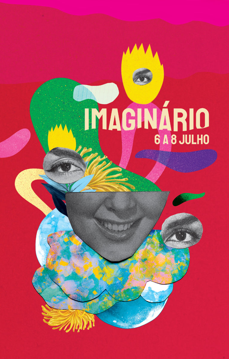 Collage illustration for literary festival poster, themed ‘Imagination’, with layered textures and vibrant visuals.