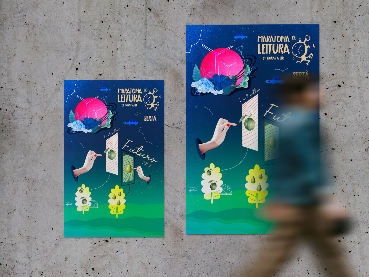 Illustration for literary festival poster, themed ‘The Future’, featuring abstract and imaginative collage elements.