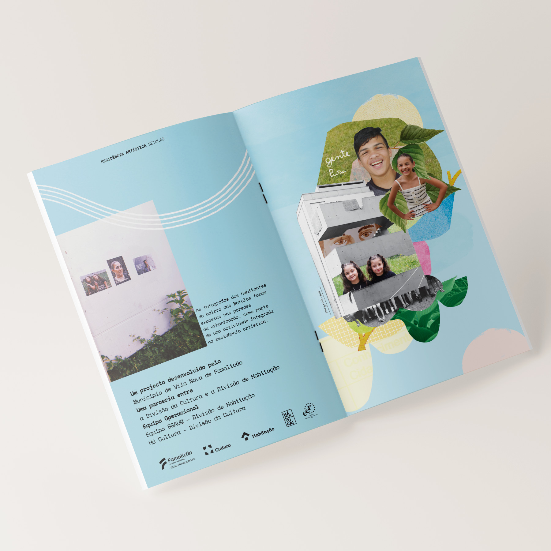 Fanzine spread with visual composition and building from Bairro das Bétulas on the left, portrait collage on the right