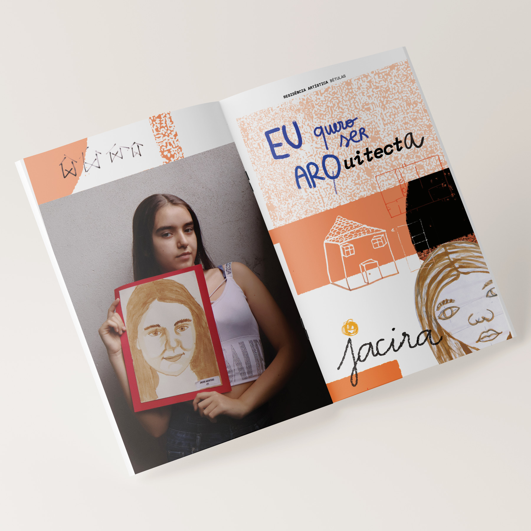 Fanzine spread with portrait of young woman holding her drawing, Bairro das Bétulas