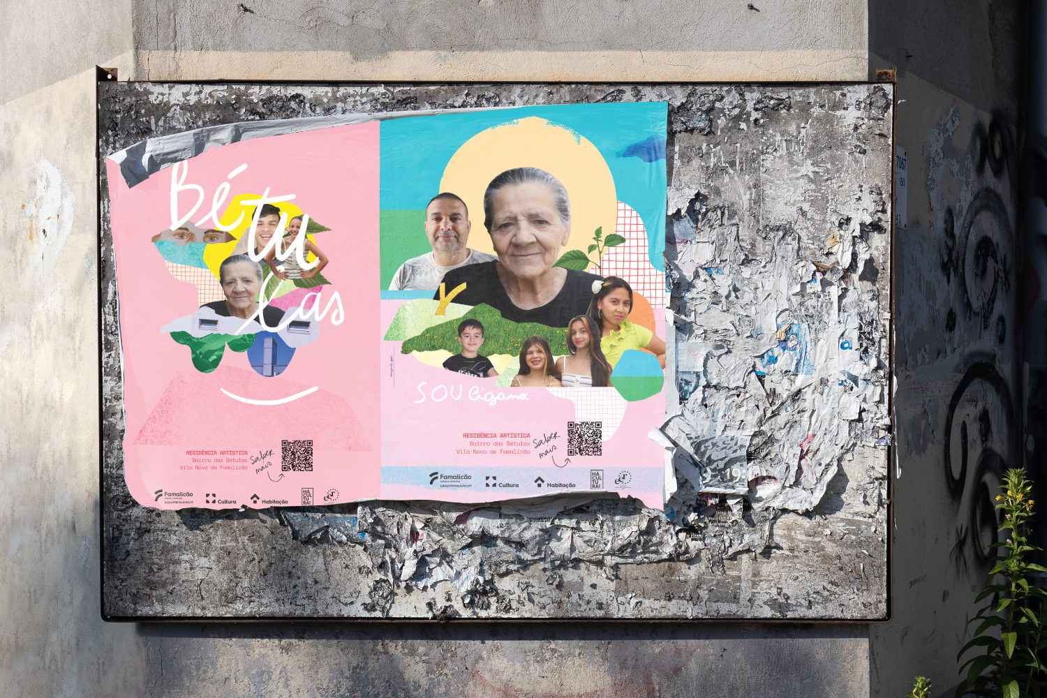 Street mockup with posters featuring portraits from Bairro das Bétulas
