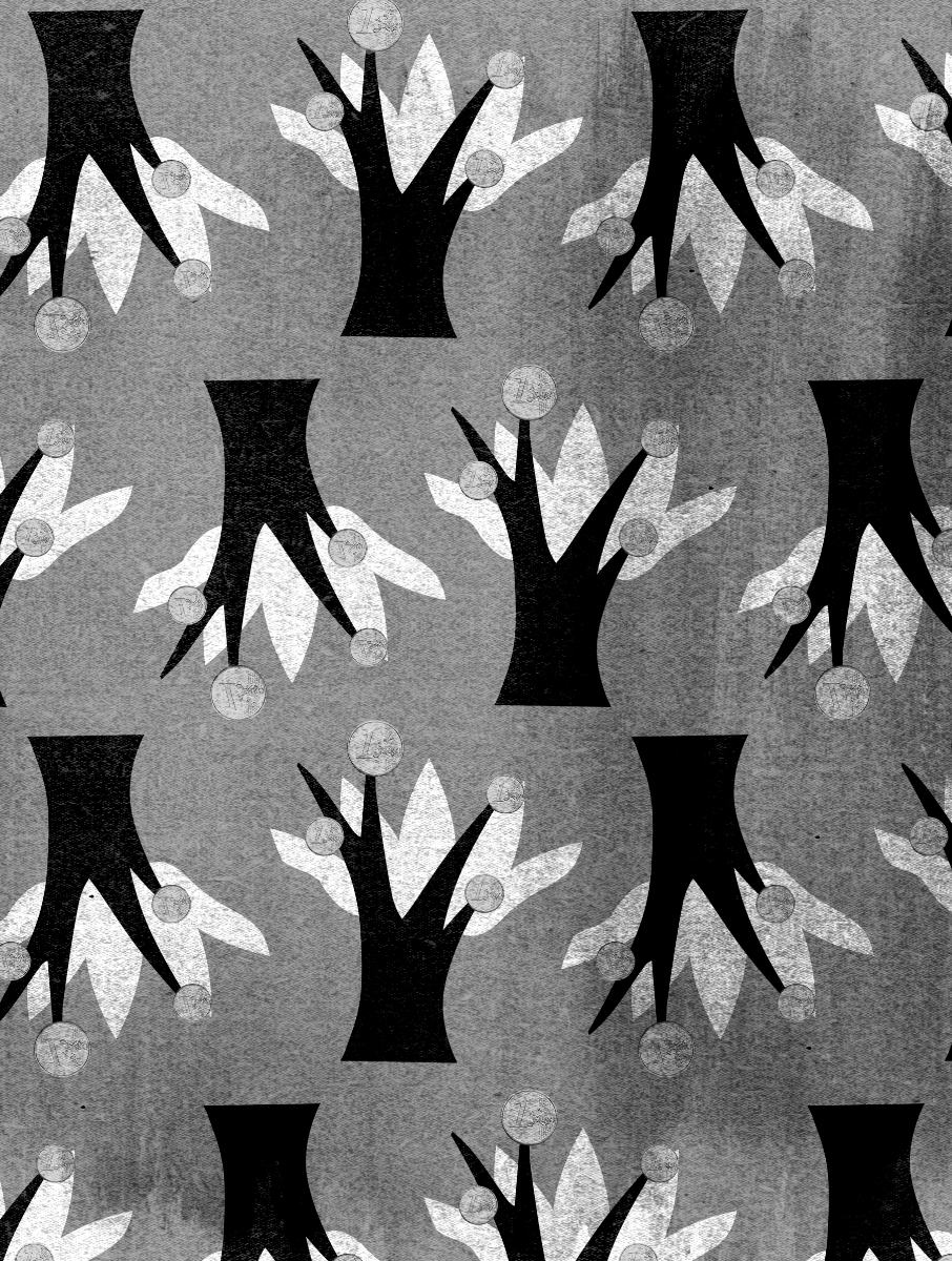 Stylized monochrome collage pattern exploring moral dilemmas in the world of finance and trade.